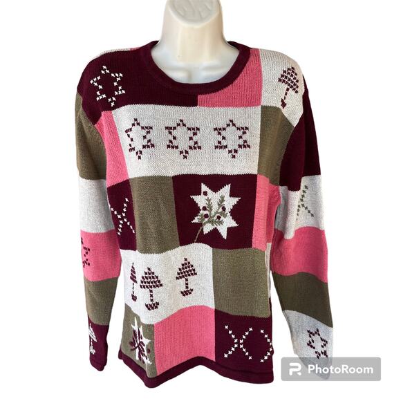 Vintage Christopher & Banks Patchwork Crew Neck Knit Sweater Pink Tan Womens L - Picture 1 of 8